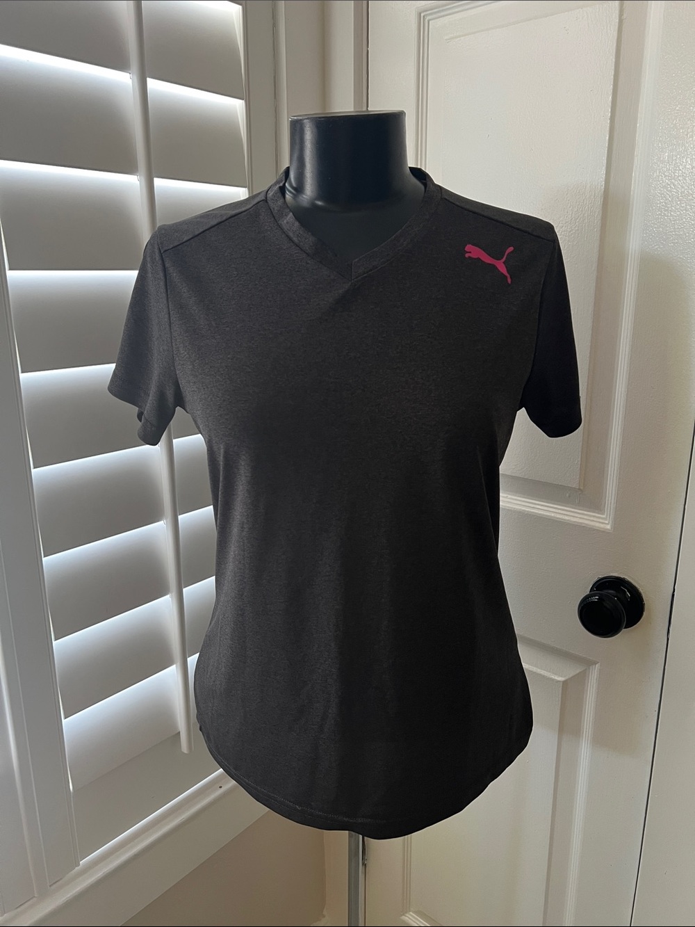 Puma Dark Gray Short-Sleeve V-Neck Tee with Pink Puma Logo